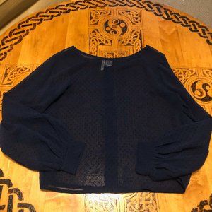 Dark blue sheer blouse with gold buttons down the back